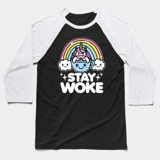 Stay Woke Kawaii Unicorn in Coffee Cup Baseball T-Shirt